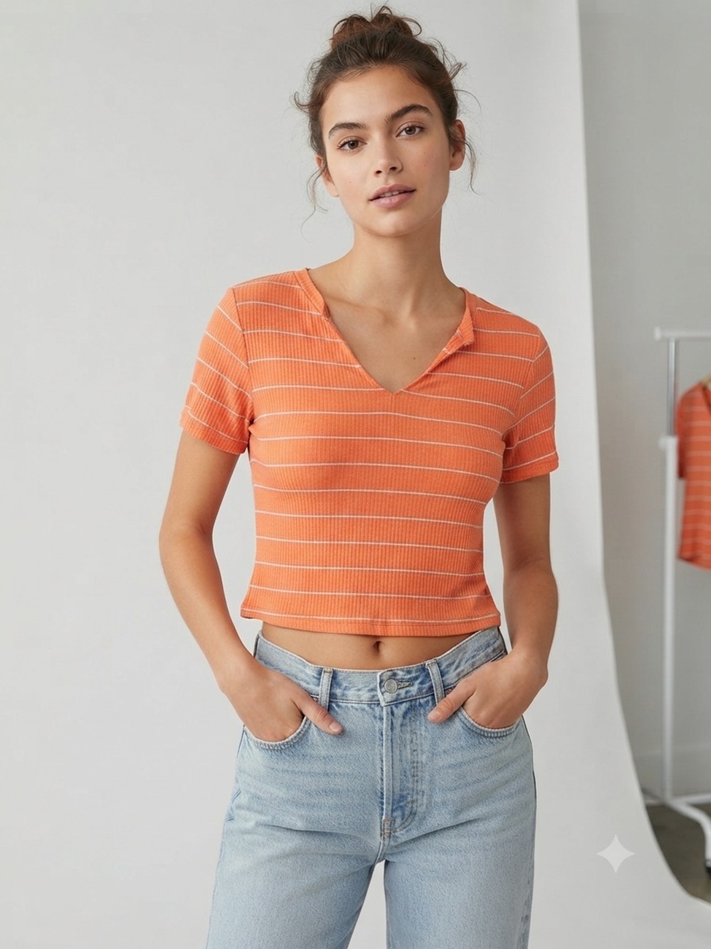 bp Orange Striped V-Neck Cropped Top